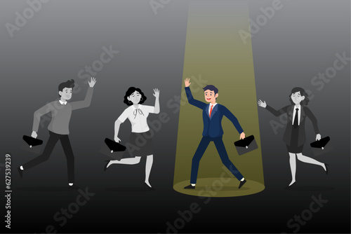 Stand out confident businessman with spotlight with other fade out candidates, the chosen one, HR, human resources recruiter choosing best candidate or hiring manager choose winner talent (Vector) © Art of Ngu