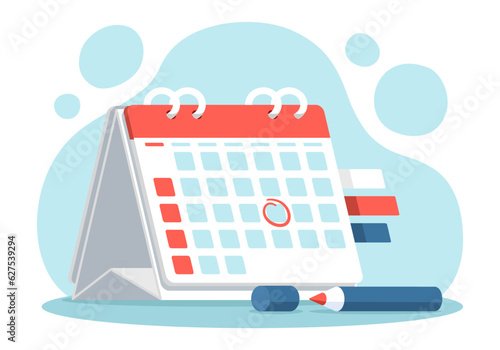 Red pen marks the date, holiday, priority, important, reminder day on calendar concept on blue  background. Vector illustration flat design for banner and poster.