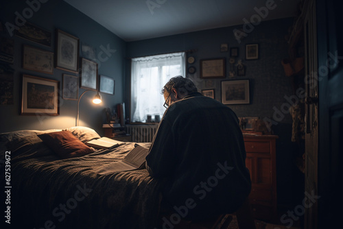 man reading the book in bed room shot from behind high
