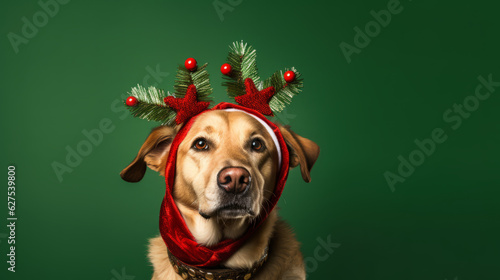 Close up of cute, Labrador dog breed wearing deer antlers isolated on lighten background. Generated ai