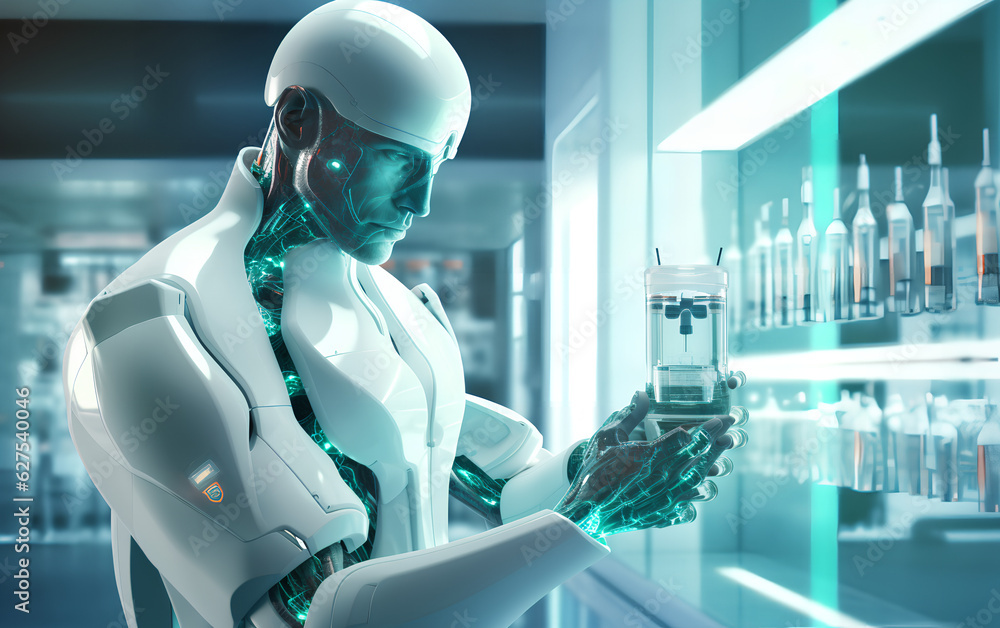 Humanoid Android robot with Artificial Inteligence working and researching medicine and cures in hospital laboratory using holographic technology. Generative AI.