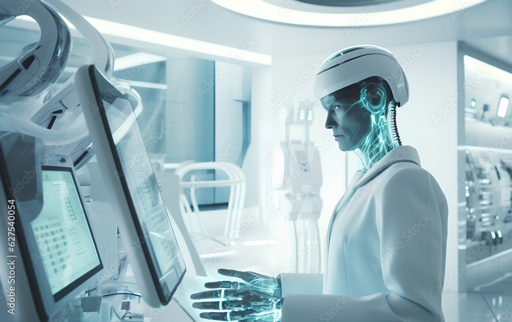 Humanoid Android robot with Artificial Inteligence working and researching medicine and cures in hospital laboratory using holographic technology. Generative AI.