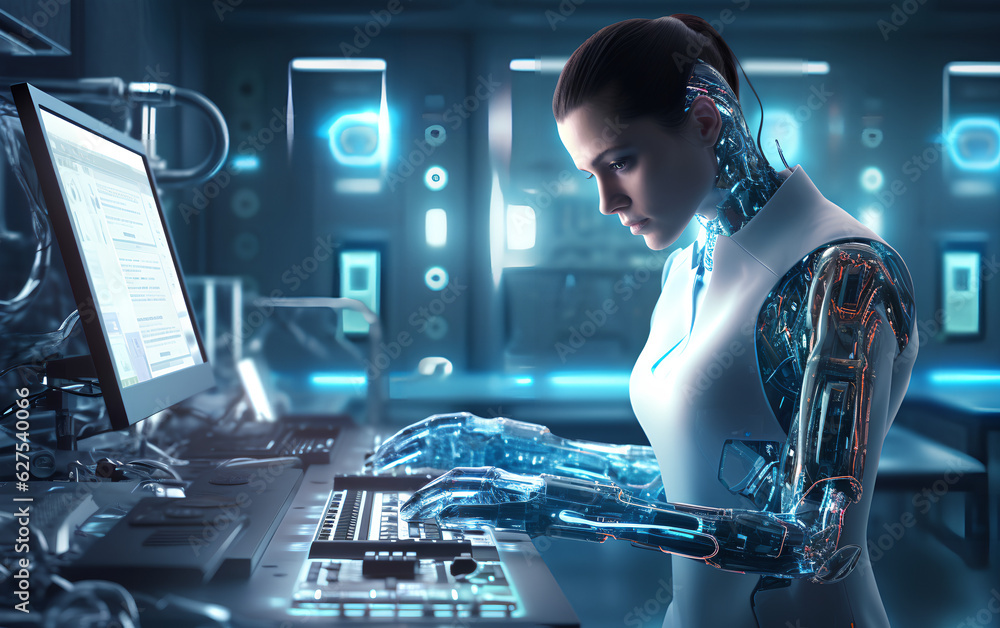 Humanoid Android robot with Artificial Inteligence working and researching medicine and cures in hospital laboratory using holographic technology. Generative AI.