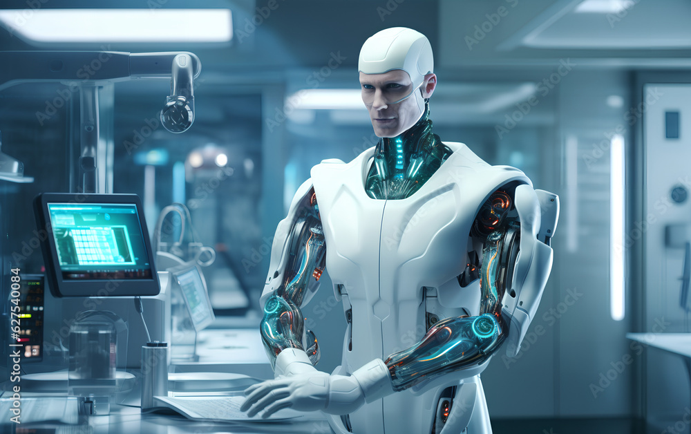 Humanoid Android robot with Artificial Inteligence working and researching medicine and cures in hospital laboratory using holographic technology. Generative AI.