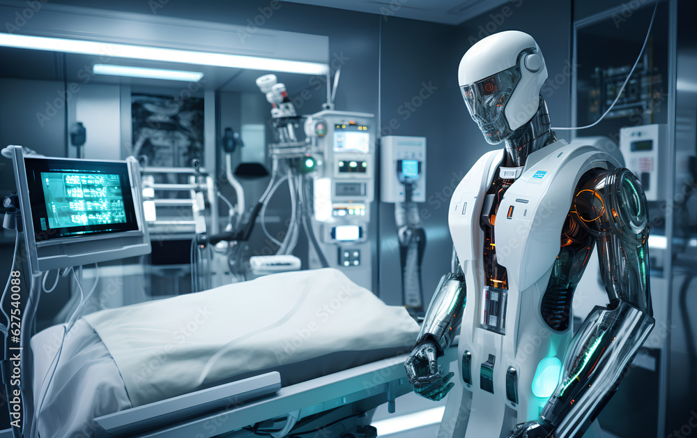 Humanoid Android robot with Artificial Inteligence working and researching medicine and cures in hospital laboratory using holographic technology. Generative AI.