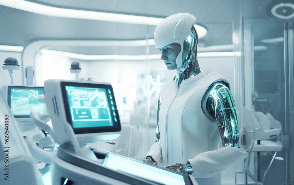 Humanoid Android robot with Artificial Inteligence working and researching medicine and cures in hospital laboratory using holographic technology. Generative AI.