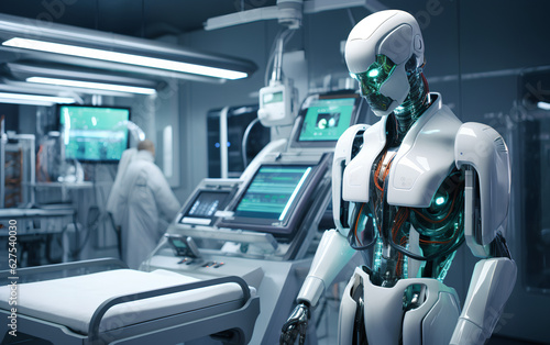 Obraz na płótnie Humanoid Android robot with Artificial Inteligence working and researching medicine and cures in hospital laboratory using holographic technology. Generative AI. w salonie
