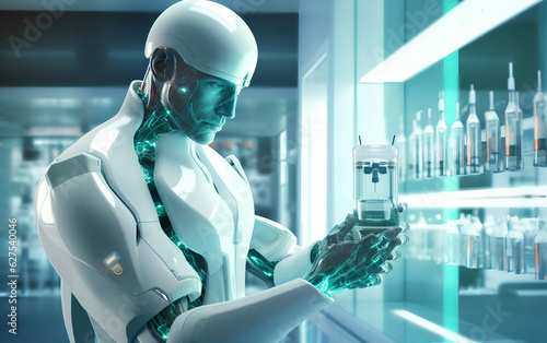 Obraz na płótnie Humanoid Android robot with Artificial Inteligence working and researching medicine and cures in hospital laboratory using holographic technology. Generative AI. w salonie