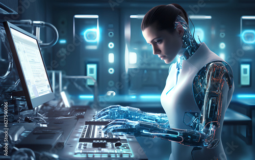 Obraz na płótnie Humanoid Android robot with Artificial Inteligence working and researching medicine and cures in hospital laboratory using holographic technology. Generative AI. w salonie