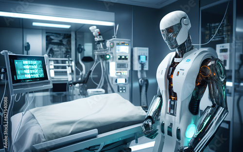 Obraz na płótnie Humanoid Android robot with Artificial Inteligence working and researching medicine and cures in hospital laboratory using holographic technology. Generative AI. w salonie