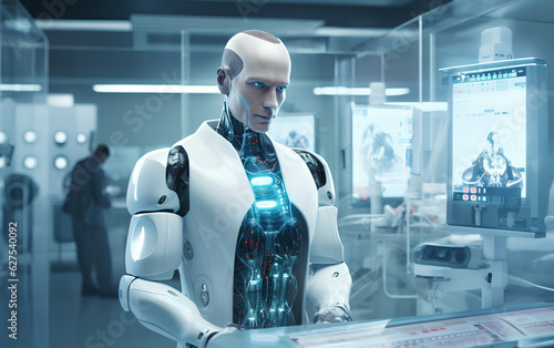 Obraz na płótnie Humanoid Android robot with Artificial Inteligence working and researching medicine and cures in hospital laboratory using holographic technology. Generative AI. w salonie