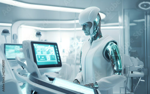 Obraz na płótnie Humanoid Android robot with Artificial Inteligence working and researching medicine and cures in hospital laboratory using holographic technology. Generative AI. w salonie
