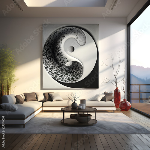 Feng shui in a home, for interpreting yin-yang energies, design, interior, decoration, table, book, candles, plants, sunlight, daytime, glass window, curtains, Ai generate. photo