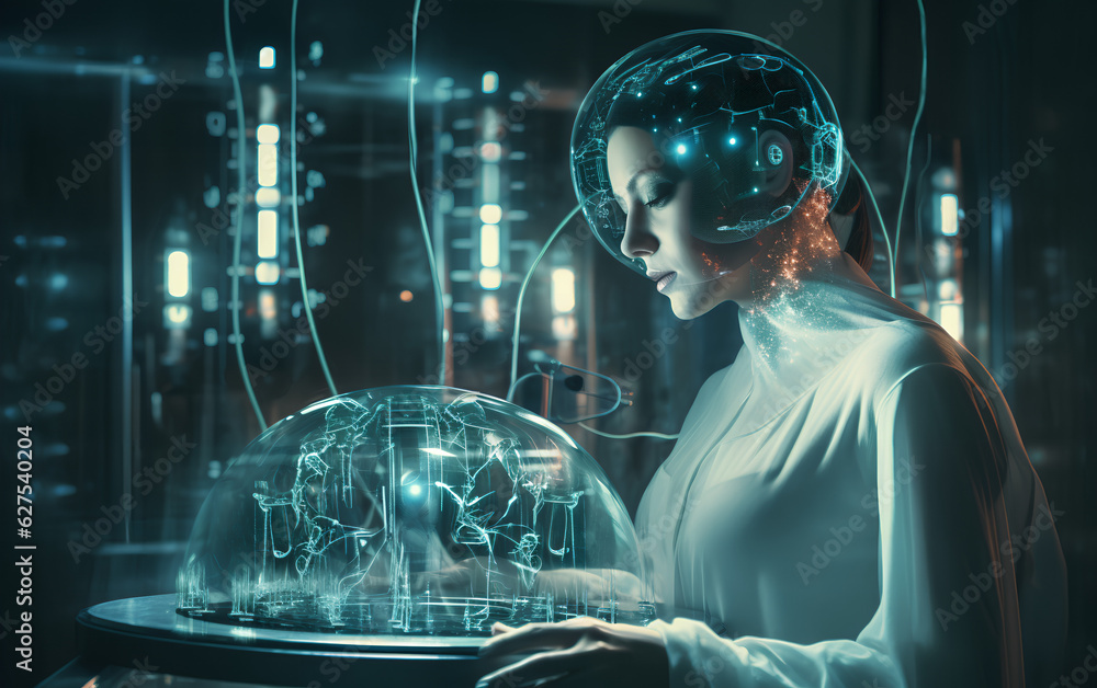 Humanoid Android robot with Artificial Inteligence working and researching medicine and cures in hospital laboratory using holographic technology. Generative AI.