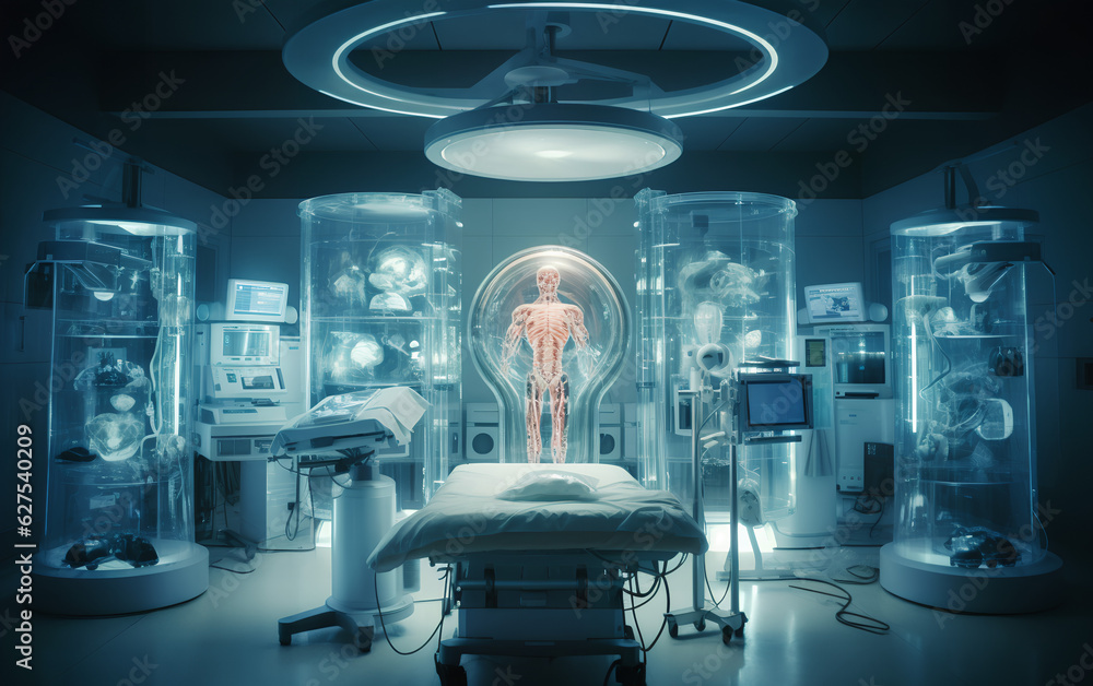 A state-of-the-art hospital employing advanced artificial intelligence and holographic technology to revolutionize medical treatment and shape the future of healthcare. Generative AI.