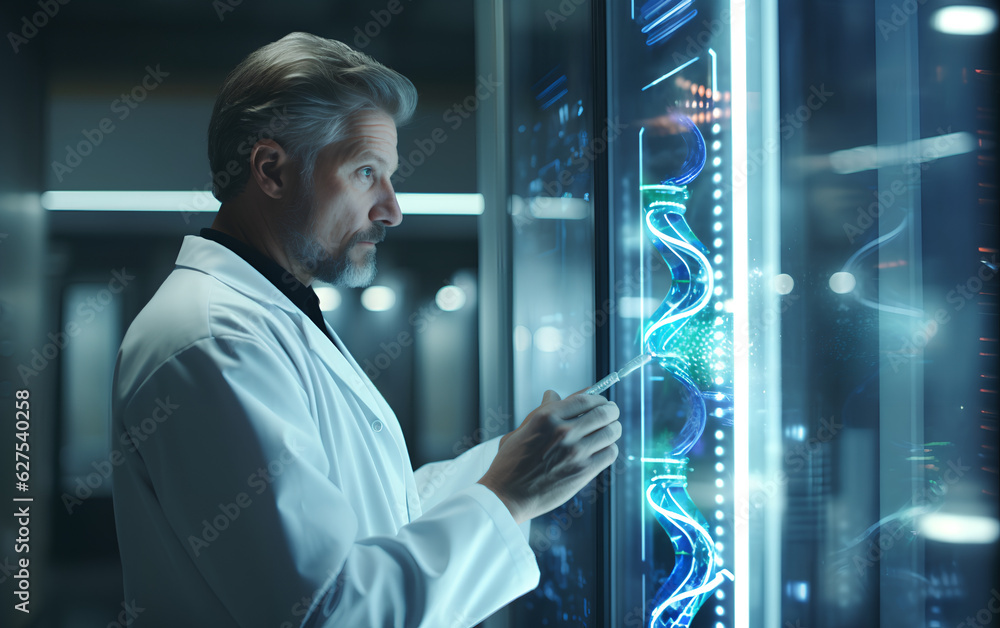Fototapeta premium Technician scientist working and studying new medicine, cures and vaccines inside the hospital laboratory using techological and holographic tech. Generative AI.