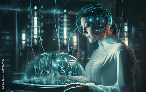 Obraz na płótnie Humanoid Android robot with Artificial Inteligence working and researching medicine and cures in hospital laboratory using holographic technology. Generative AI. w salonie