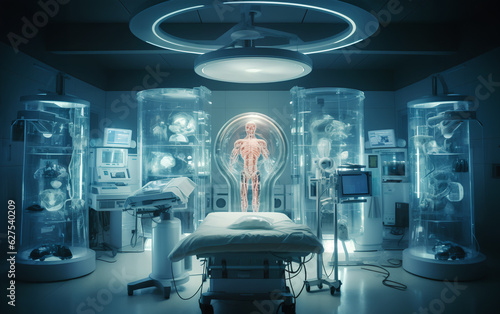 Obraz na płótnie A state-of-the-art hospital employing advanced artificial intelligence and holographic technology to revolutionize medical treatment and shape the future of healthcare. Generative AI. w salonie