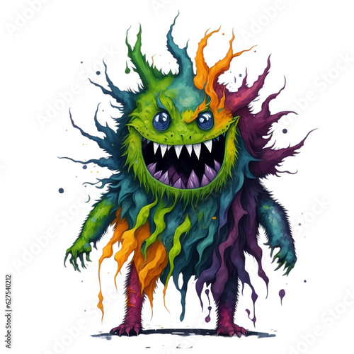Funny Monster Characters with Watercolor Splash on Transparent Or White Background. Colorful Funny Devil, Ugly Alien and Creature