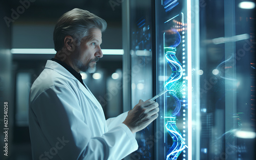 Technician scientist working and studying new medicine, cures and vaccines inside the hospital laboratory using techological and holographic tech. Generative AI. photo