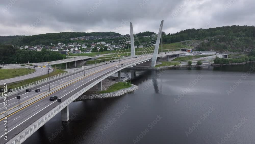 Aerial View Of Farrisbrua Bridge In Larvik, Norway On A Cloudy Day - drone shot Aerial View Of Farrisbrua Bridge In Larvik, Norway On A Cloudy Day - drone shot