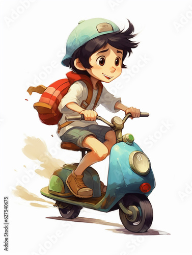 Young boy ride vespa scooter cartoon illustration