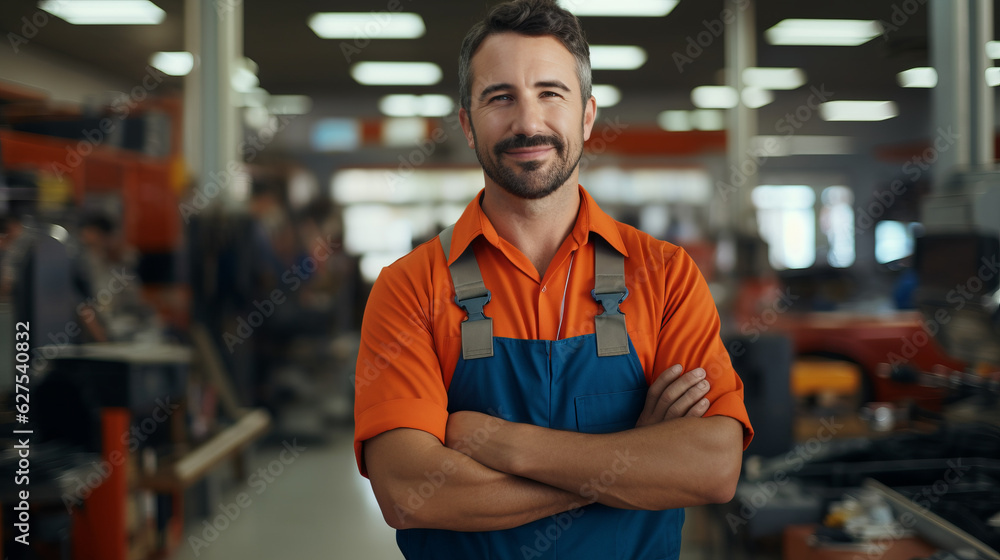Cheerful young worker in uniform smiling to the camera while working at the storage. Trade workers concept. Generated ai. Cheerful young worker in uniform smiling to the camera while working at the storage. Trade workers concept. Generated ai.