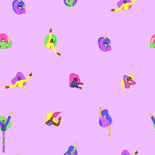 Vector seamless pattern with young peoples and colorful spots. Flat style. Funny character. Student in school or university. International day of young people. Ideal for gift paper