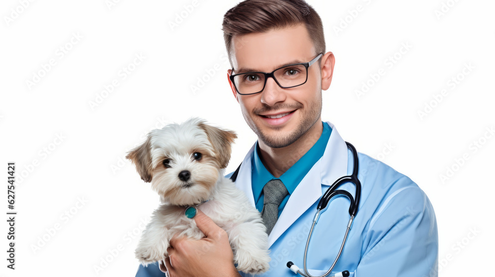 Veterinarian with cute puppy on lighten background. generated ai. Veterinarian with cute puppy on lighten background. generated ai.