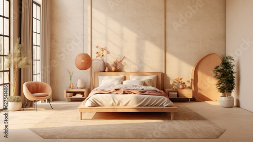 Japandi bedroom, featuring a tasteful piece of artwork, soft and warm lighting, and furniture made from natural materials like wood, linen, and cotton.generative ai photo