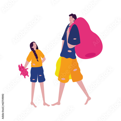 poor life scavenging collector unused trash unhygienic with girl kid and man carrying garbage with torn clothes