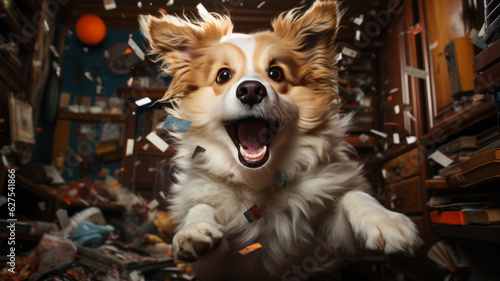 Dog making chaos in the room, jumping, chibi and real style, generative ai © JKLoma