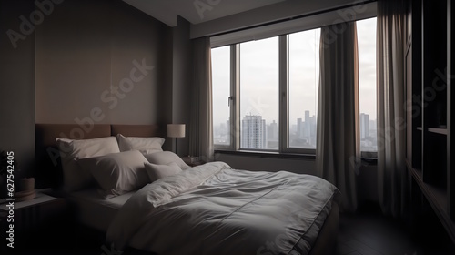 Comfortable Bedroom with Plush Pillows, Blankets, Nightstand, Book, Reading Lamp, and a Serene View of the City Skyline from Window. Generative AI © Akash