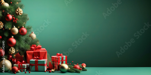 Merry Christmas banner with blank space for text, green background, giftboxes, fir tree branches, red and green ornaments.generative ai