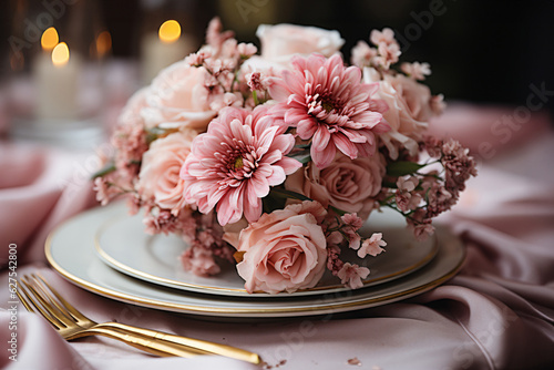 Elegant table setting with beautyful flowers and candles in restaurant. Selective focus.