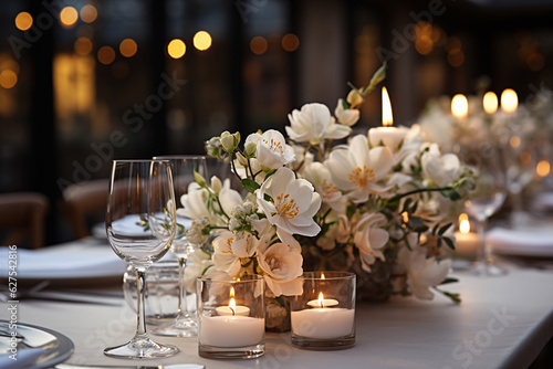 Elegant table setting with beautyful flowers and candles in restaurant. Selective focus. © vachom