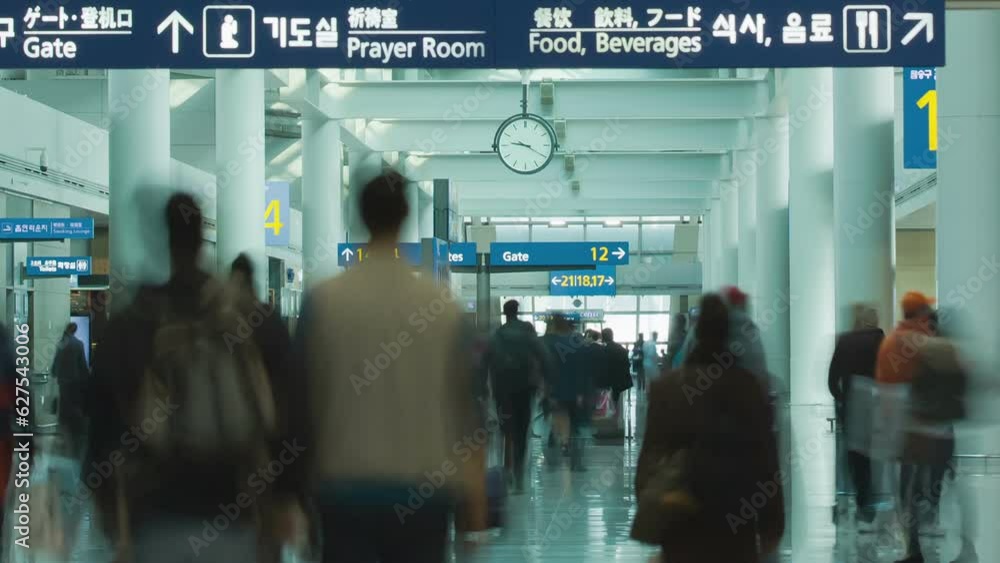 Busy airport with many people crowd and clock moving fast