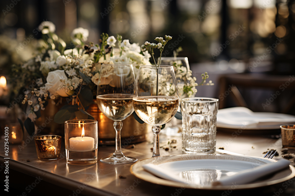 Elegant table setting with beautyful flowers and candles in restaurant. Selective focus.