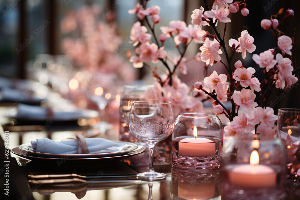 Elegant table setting with beautyful flowers and candles in restaurant. Selective focus. Elegant table setting with beautyful flowers and candles in restaurant. Selective focus.
