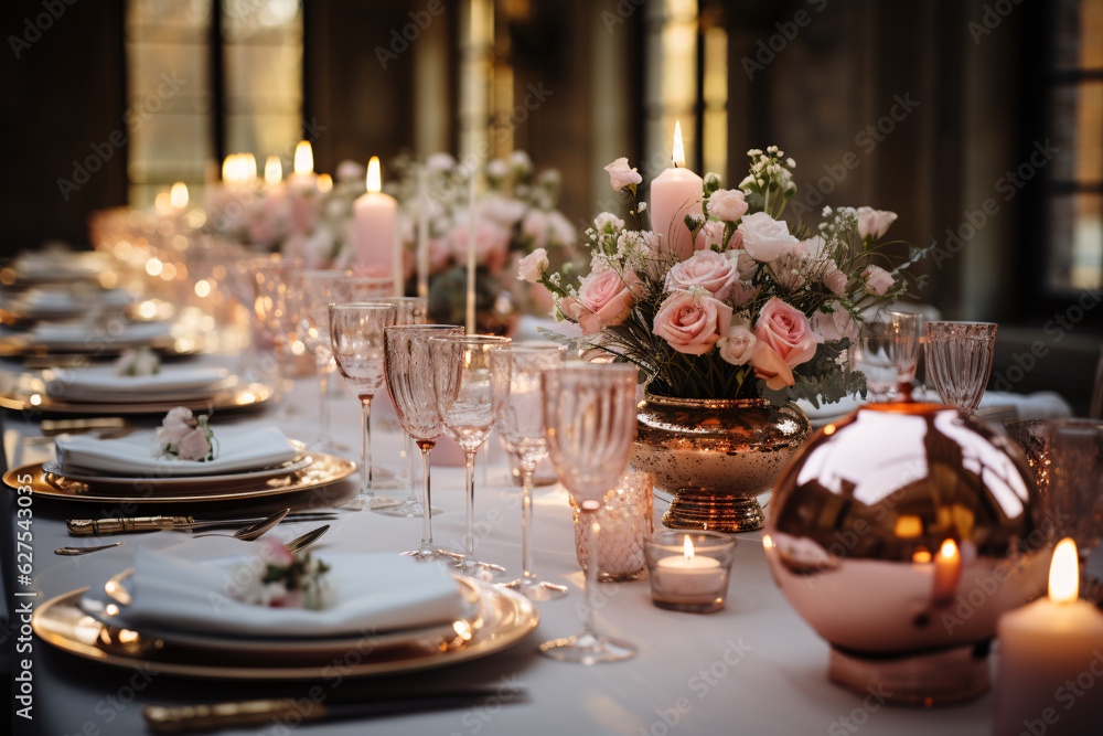 Elegant table setting with beautyful flowers and candles in restaurant. Selective focus. Elegant table setting with beautyful flowers and candles in restaurant. Selective focus.