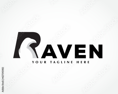 raven bird negative space at R initial logo symbol design template illustration inspiration
