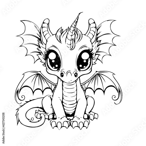 Hand drawing print education art character animal cute dragon outline black and white toy cartoon sketch happy coloring page and coloring books