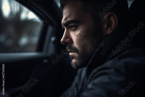Sad man driving alone in his new car
