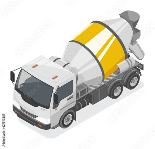 Concrete truck isometric yellow white cement delivery truck to construction work site isolated cartoon illustration vector