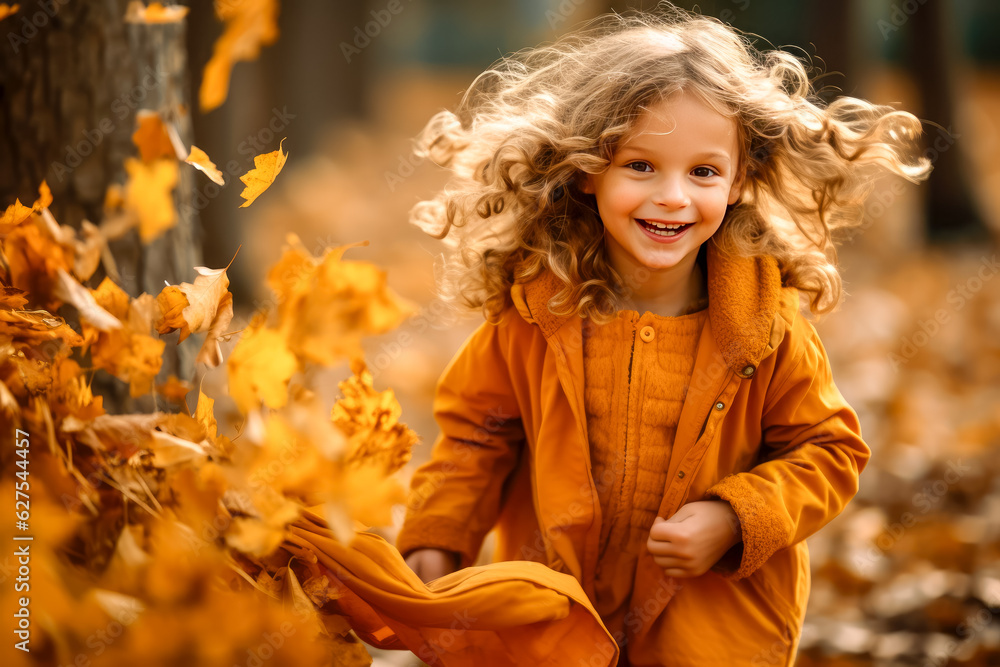 Happy little girl playing with autumn leaves in the park. Autumn ...