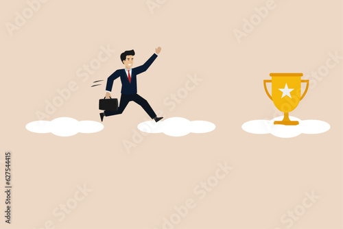 Businessman running in to get target. Businessman running on clouds to reach victory trophy. Businessman illustration.