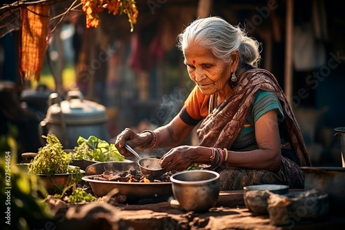 Elderly Indian ethnic woman cooking on the street