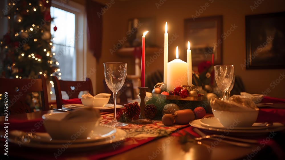 A Dining Room Table Set with a Beautiful Centerpiece and Holiday-Themed Decorations, Ready for a Joyful Christmas Celebration. Generative AI A Dining Room Table Set with a Beautiful Centerpiece and Holiday-Themed Decorations, Ready for a Joyful Christmas Celebration. Generative AI