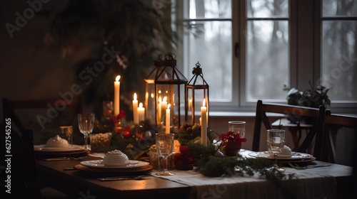 A Dining Room Table Set with a Beautiful Centerpiece and Holiday-Themed Decorations, Ready for a Joyful Christmas Celebration. Generative AI