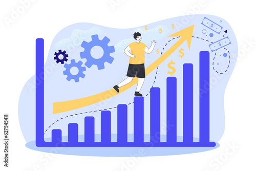 Man running up rising price or income graph vector illustration. Cartoon drawing of male character going up financial growth chart. Inflation, finances, economy concept